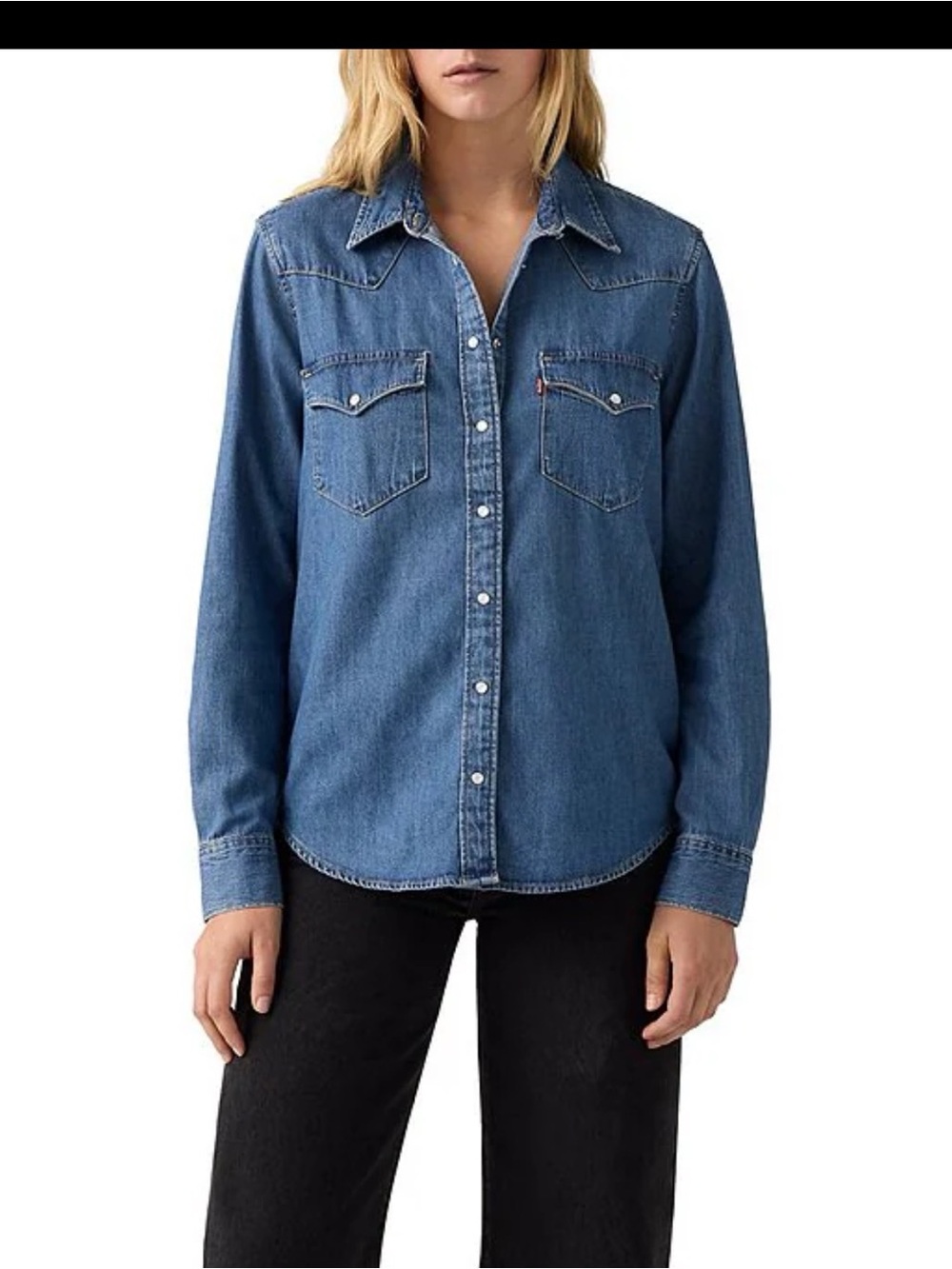 Levi's Iconic Western Denim Shirt Size S Classic Fit Medium Wash Pearl Snap
